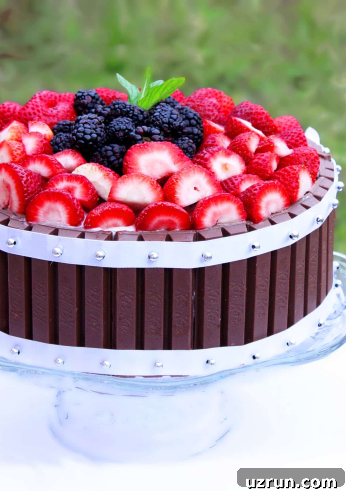 Easy Kit Kat Cake With Strawberries on Glass Cake Stand With Nature Background