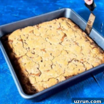 Easy Brookies with Brownie Mix 11 Baked brownie cookie hybrid in baking pan with sides being loosened using an offset spatula.