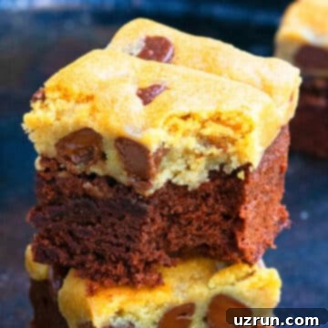 Easy Brookies with Brownie Mix 13 Stack of Easy Brookies With One Bar That is Partially Eaten on Rustic Background.