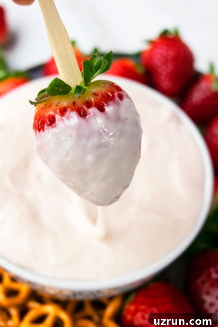Sweet Marshmallow Cream Cheese Fruit Dip 3 Best Marshmallow Fruit Dip in White Bowl With Closeup Shot of Dipped Strawberry