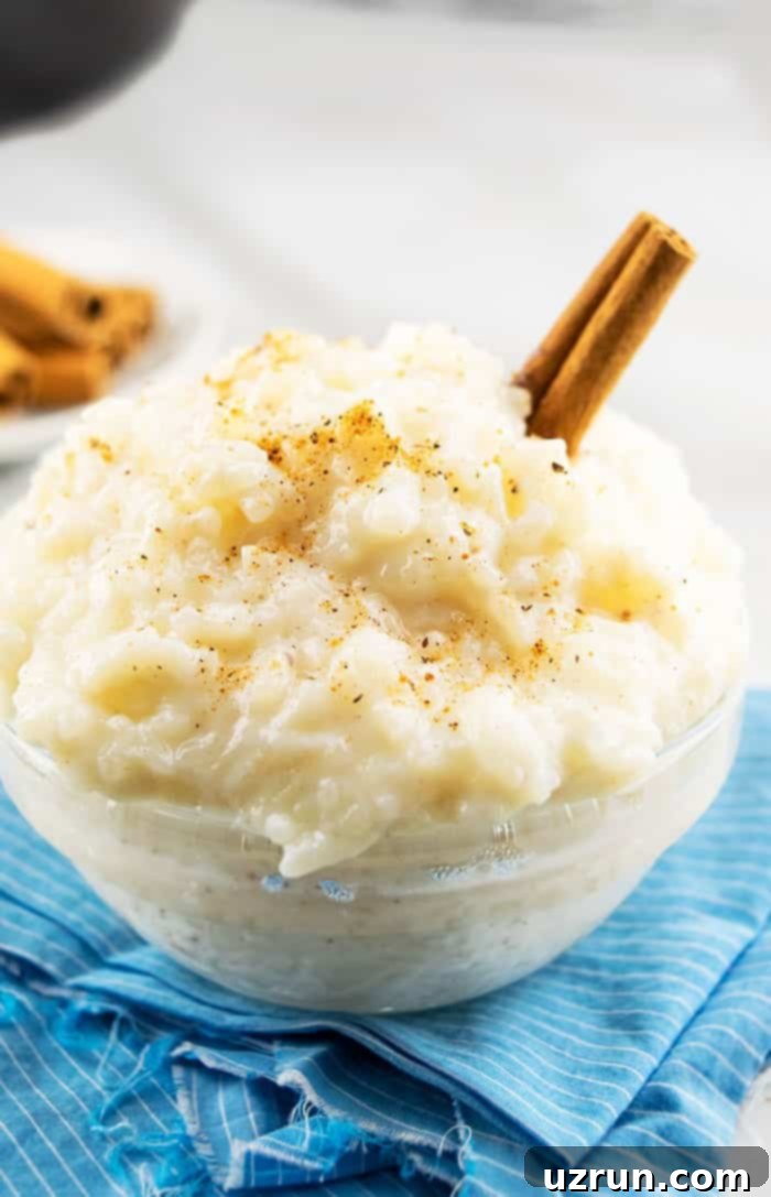 Glass Bowl of Easy Rice Pudding From Scratch on Marble Background With Blue Napkin.