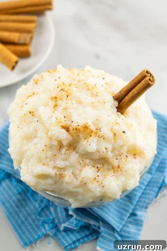 Easy Creamy Rice Pudding 4 Overhead Shot of Stovetop Pudding With Cinnamon Stick For Decoration.
