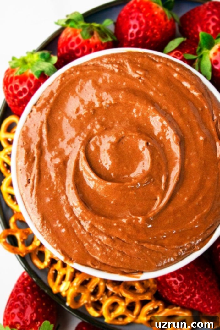 Easy Chocolate Dip For Fruits in White Bowl- Overhead Shot