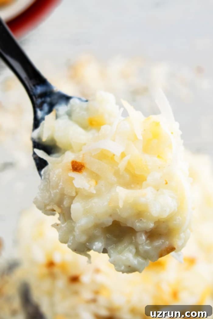 Coconut Rice Pudding Super Creamy 4 Tropical Rice Pudding on Black Spoon.