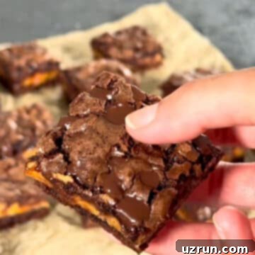 Box Mix Caramel Brownies 11 Closeup Shot of slice of brownie.