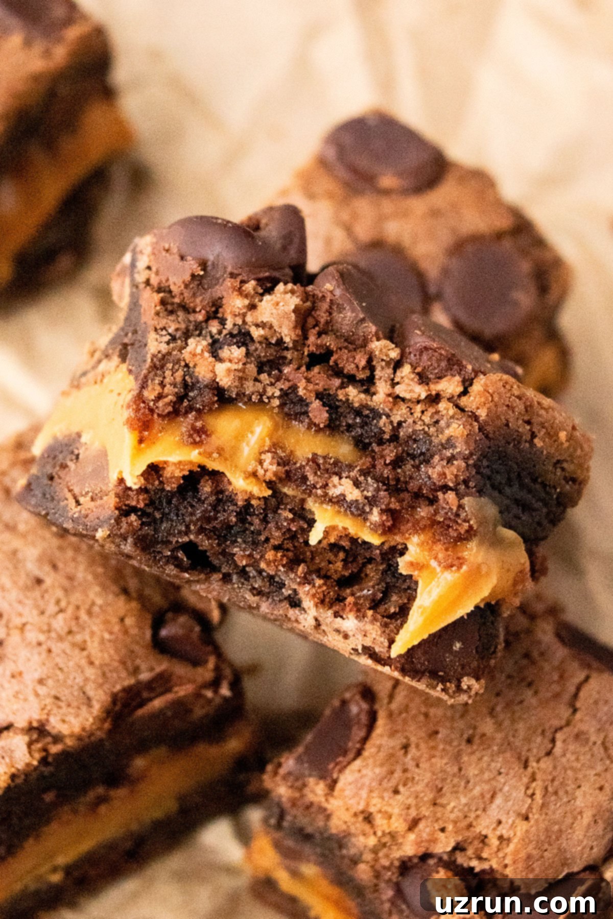 Box Mix Caramel Brownies 12 Partially Eaten Ooey Gooey Brownie Slice- Closeup Shot.
