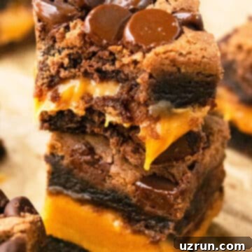Box Mix Caramel Brownies 13 Stack of Easy Chocolate Caramel Brownies With Brownie Mix on Brown Parchment Paper.
