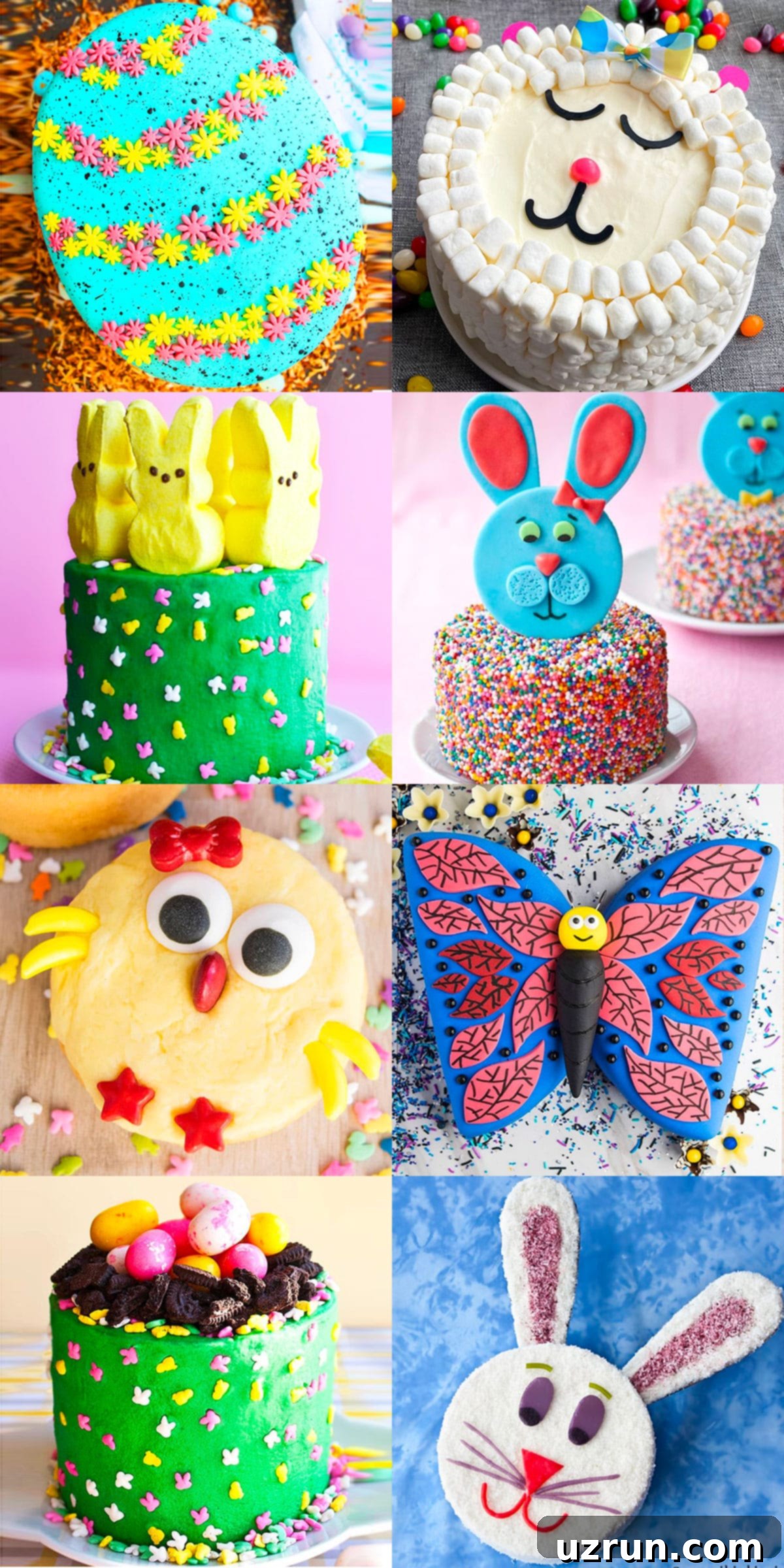 Collage Image With Easter Cake Ideas featuring bunny, chick, and floral designs.