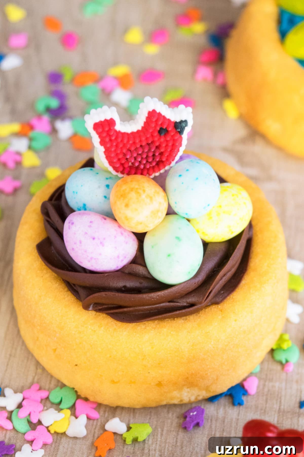 Creative Easter Cake Ideas 3 Mini Easter Nest Cake on a Rustic Wood Background, adorned with chocolate frosting, egg candies, and a sugar bird.