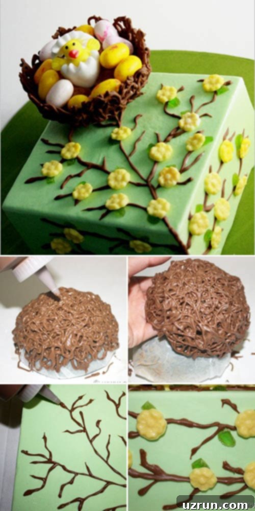 Creative Easter Cake Ideas 9 Collage Image with Step by Step Process Shots on How to Make a Chocolate Nest, showing the styrofoam base, chocolate application, and final decorated nest.