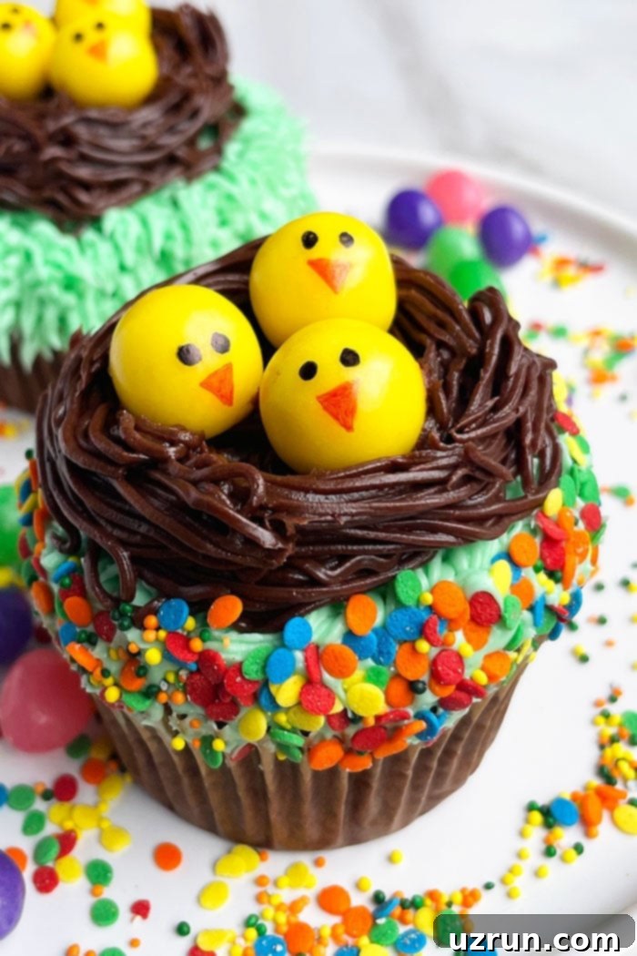 Easy Easter Cupcakes With Yellow Chicks on White Plate