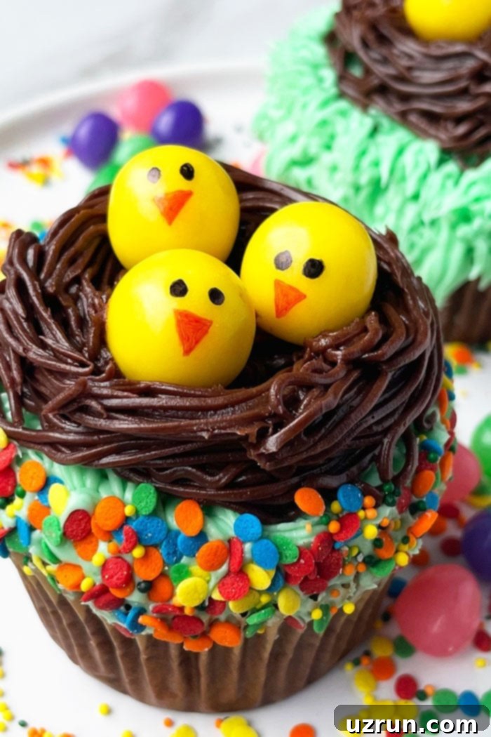 Adorable Easter Chick Cupcakes 3 Easy Chick Cupcakes on White Plate With Sprinkles- Closeup Shot