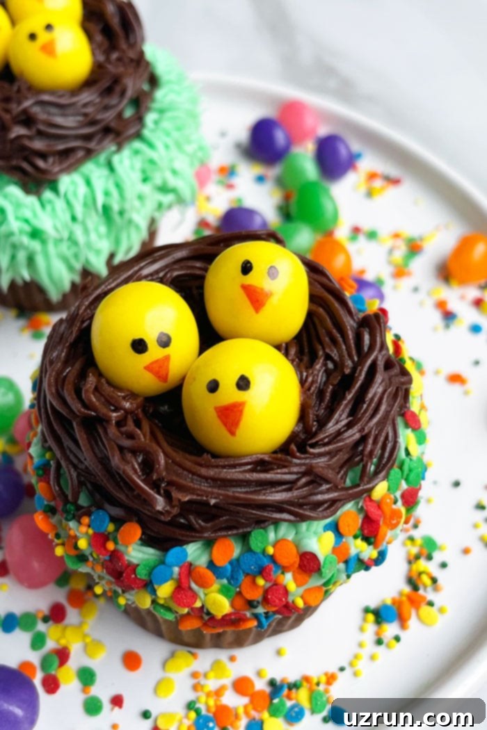 Adorable Easter Chick Cupcakes 4 Easy Nest Cupcakes With Yellow Chicks- Overhead Shot