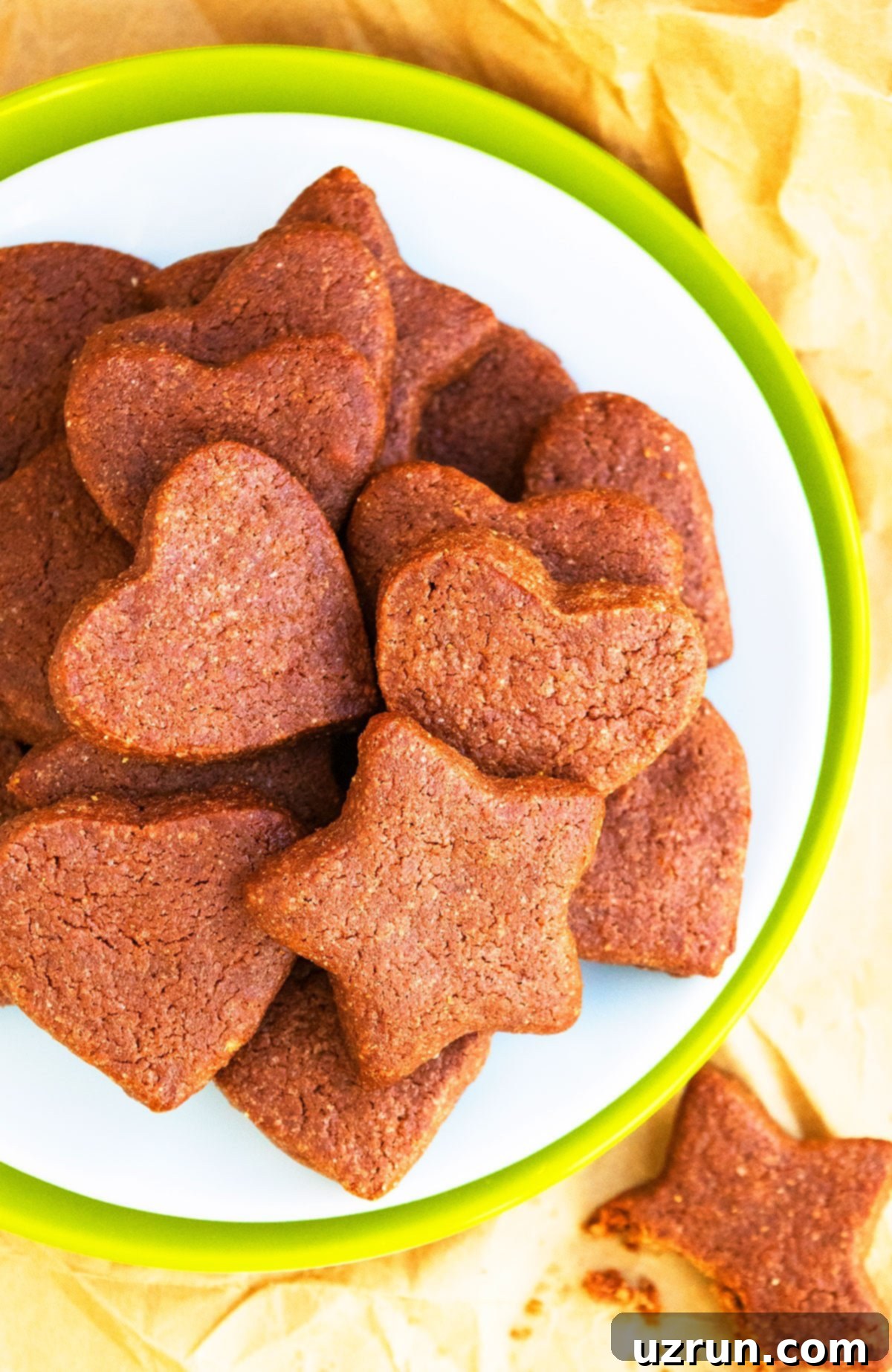 Easy Cut-Out Chocolate Sugar Cookies 4 Cut Out Cocoa Sugar Cookies on Greenish White Dish.