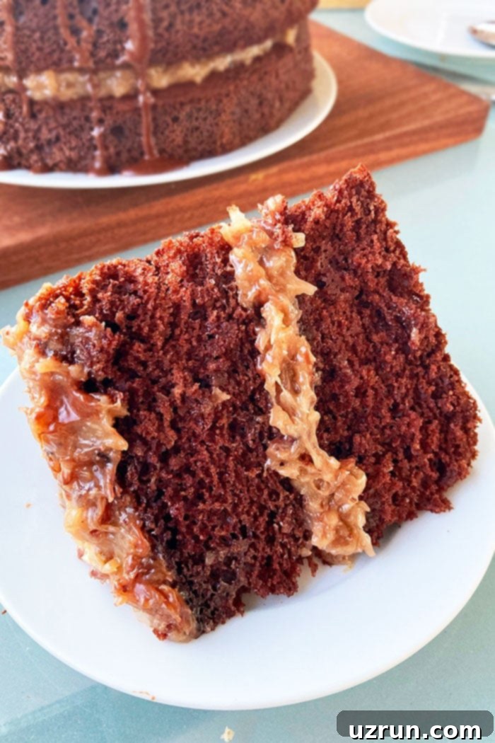 Easy German Chocolate Cake from a Mix 3 Slice of Chocolate Coconut Pecan Cake With Chocolate Ganache on White Plate