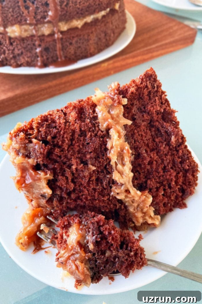Easy German Chocolate Cake from a Mix 6 Slice of Chocolate Coconut Cake on White Plate With Spoonful of Cake Removed