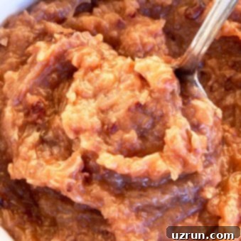 German Chocolate Coconut Pecan Frosting 4 Best Homemade Coconut Pecan Frosting in White Bowl-Overhead Shot