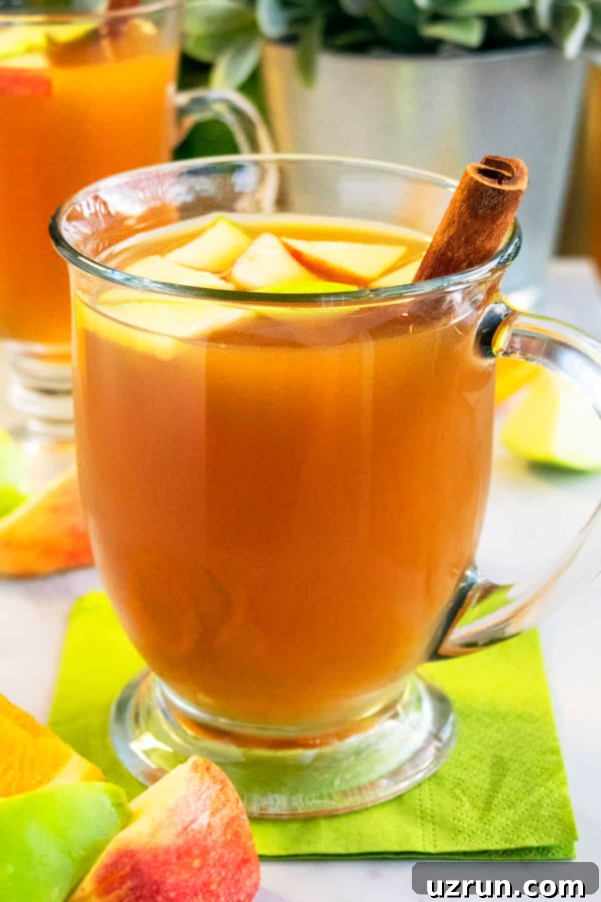 Easy Homemade Slow Cooker Apple Cider in Glass Cup on Green Napkin.