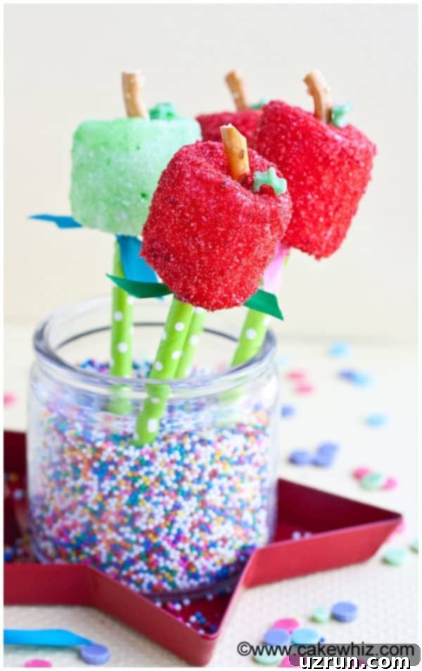 Easy Marshmallow Pops for Any Holiday 6 Apple Pops in Glass Jar of Sprinkles