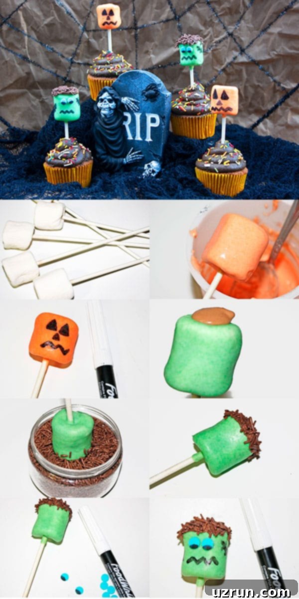 Easy Marshmallow Pops for Any Holiday 10 Collage Image With Step By Step Pictures on How to Make Frankenstein and Jack O'Lantern Pops