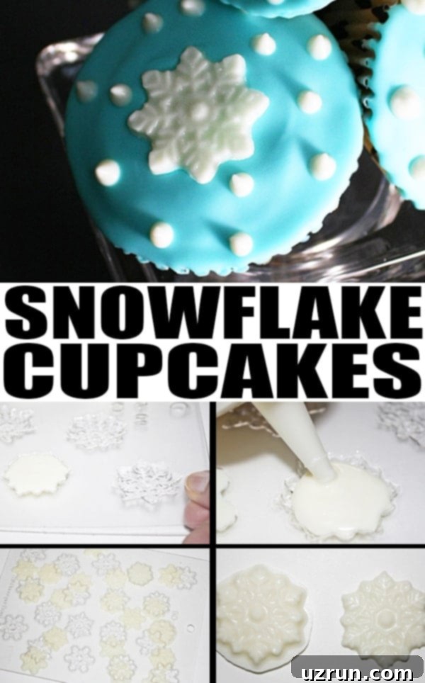 Winter Wonderland Cupcakes 5 Collage Image With Step by Step Instructions for Making Winter Snowflake Cupcakes, showing stages of baking and decorating.