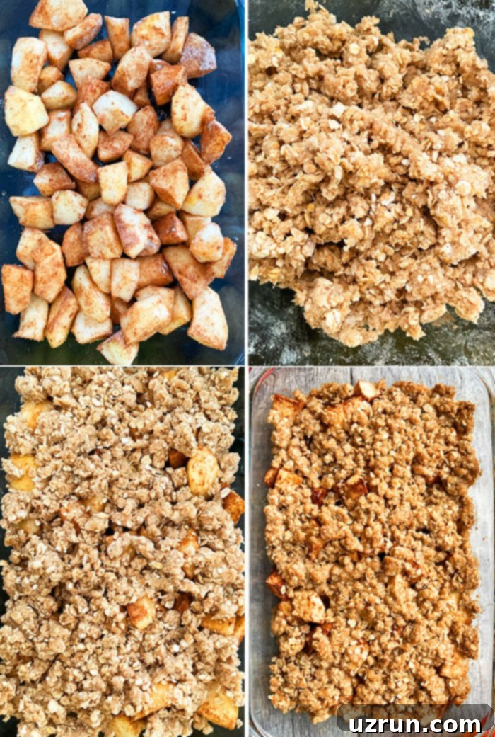 Easy 1-Hour Apple Crisp 4 Step by Step Process Shot Collage For Old Fashioned Apple Crisp, showing the assembly of the apple filling and oat topping.