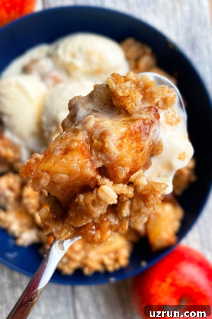 The Easiest Apple Cobbler Ever 3 Spoonful of Homemade Apple Cobbler in Blue Bowl