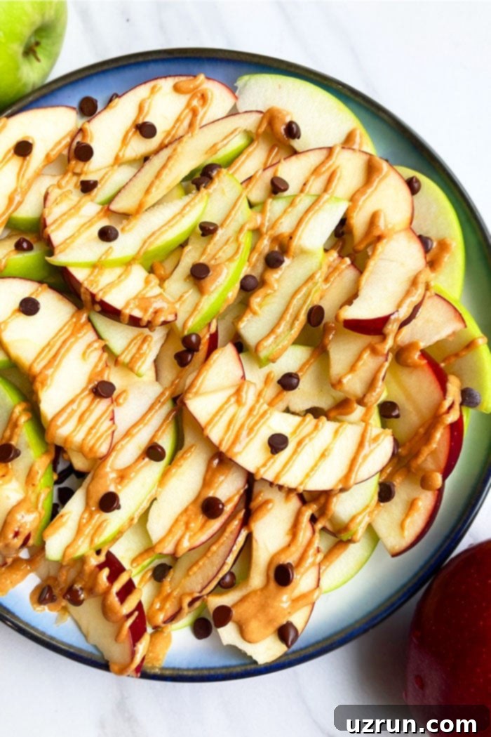 Super Easy Apple Nachos 2 Easy Apple Nachos with Peanut Butter and Chocolate Chips in Blue Plate