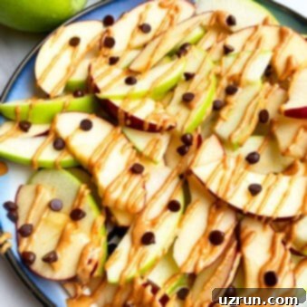 Super Easy Apple Nachos 5 Easy Homemade Apple Nachos with Peanut Butter, Almond butter and Chocolate Chips in Blue Plate