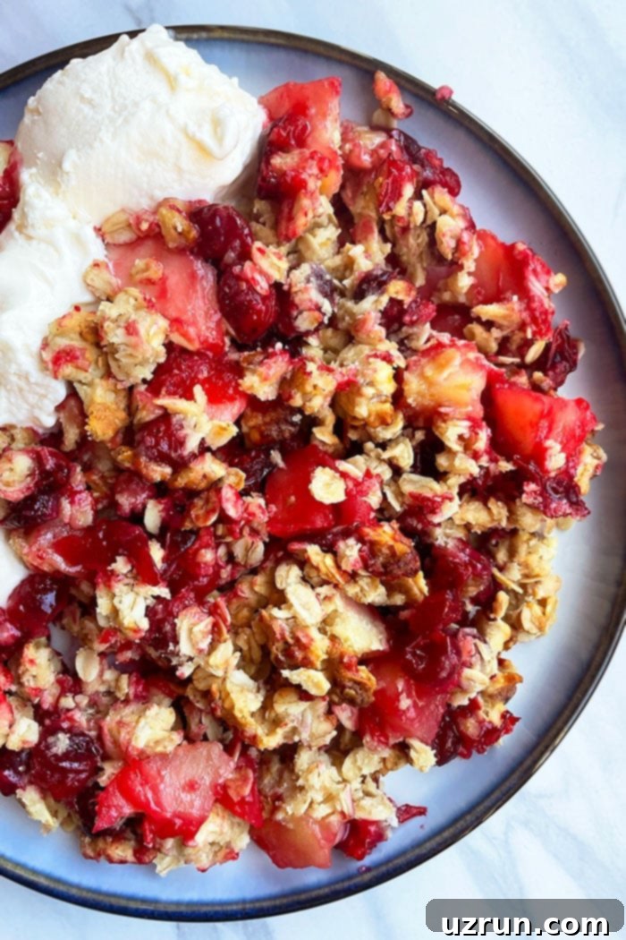 Apple Cranberry Crisp 4 Homemade Apple Cranberry Crisp with Scoops of Vanilla Ice Cream in Blue Plate on Marble Background