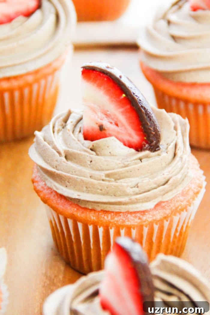 Sweetheart Chocolate Strawberry Cupcakes 2 Easy Chocolate Strawberry Cupcakes (Valentine's Day Cupcakes) on Wood Background