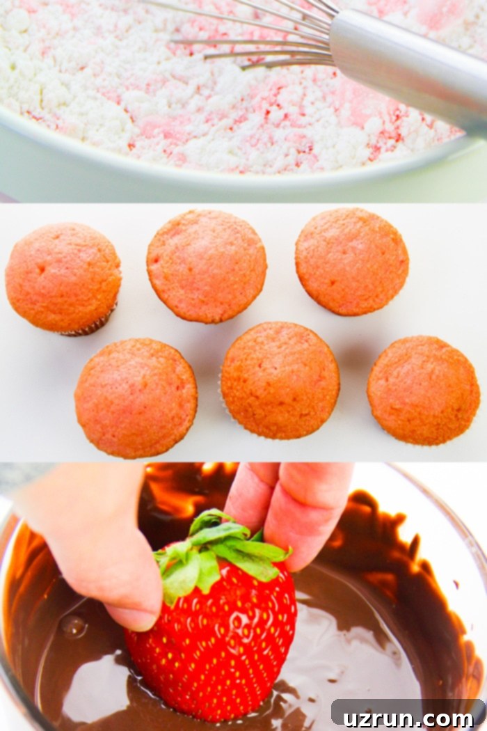 Sweetheart Chocolate Strawberry Cupcakes 3 Collage Image With Step by Step Pictures on How to Make Chocolate Covered Strawberry Cupcakes