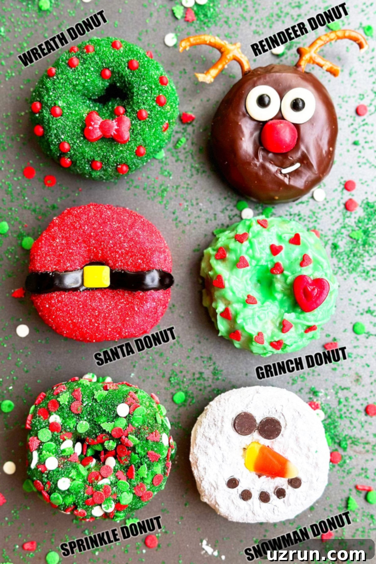 Variety of Easy Christmas Donuts on Gray Tray With Sprinkles Scattered Around.