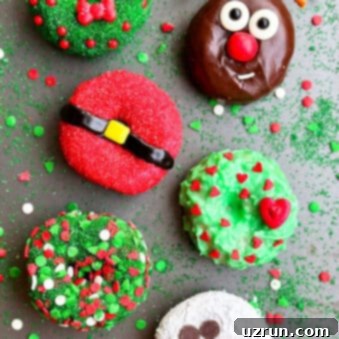 Festive Donut Fun: 6 Easy Designs 12 Easy Christmas Donuts on Large Gray Dish (Snowman, Reindeer, Santa, Wreath, Grinch)