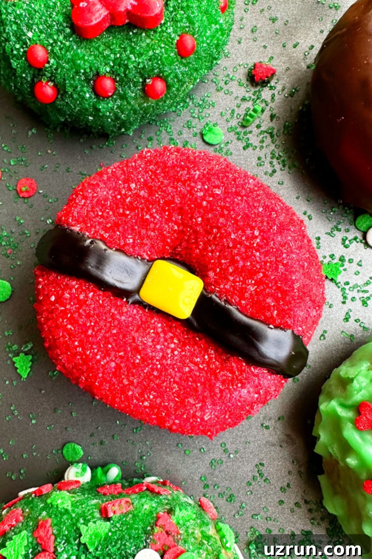 Festive Donut Fun: 6 Easy Designs 3 Easy Santa Donut on Gray Tray.