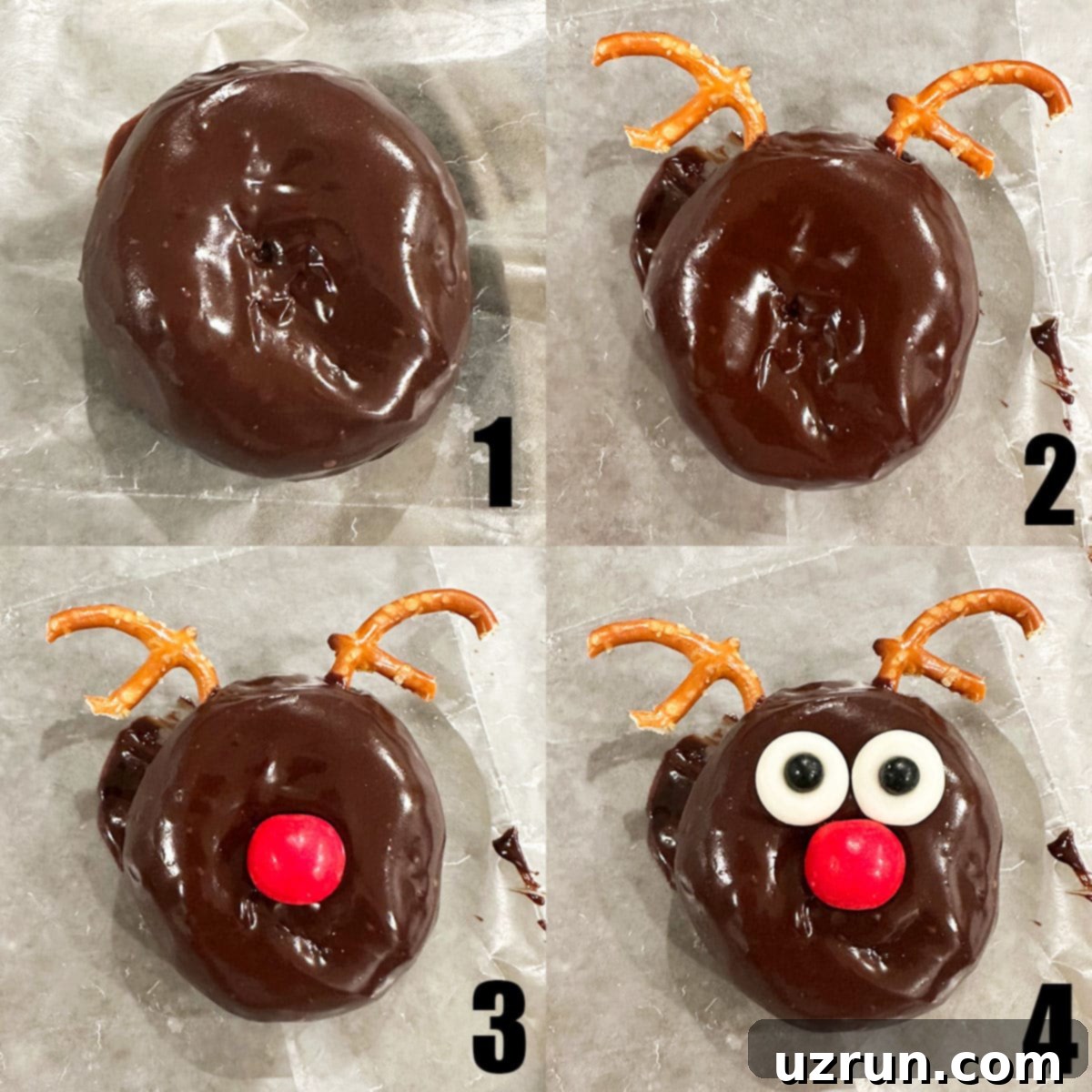 Festive Donut Fun: 6 Easy Designs 6 Collage Image With Step by Step Process Shots on How to Make Reindeer Donuts (Rudolph/Rudolf).