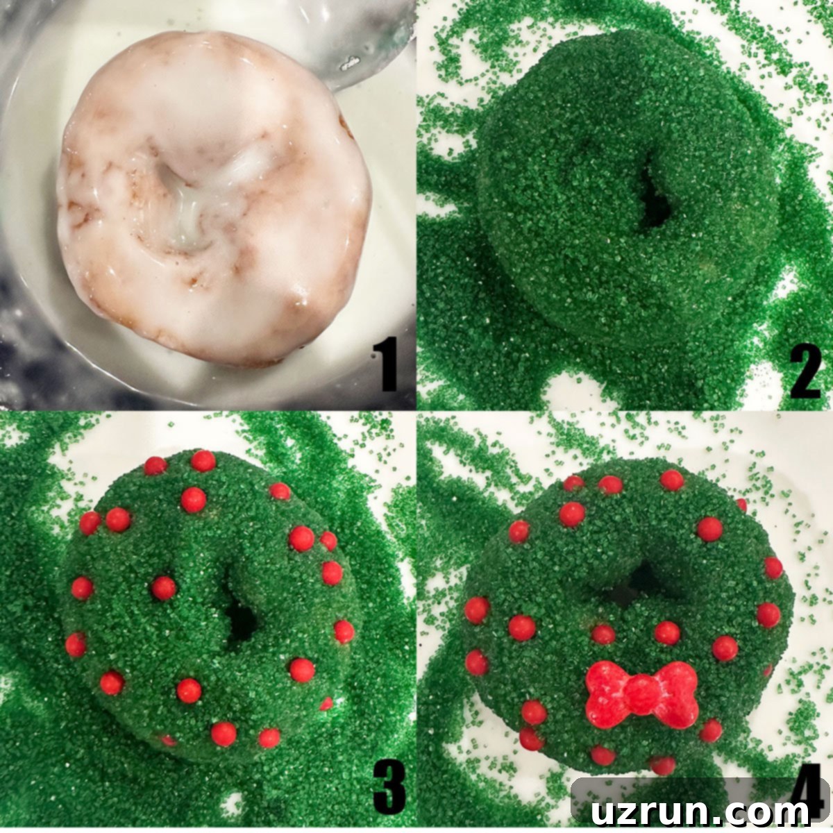Festive Donut Fun: 6 Easy Designs 8 Collage Image With Step by Step Process Shots on How to Make Wreath Donuts.