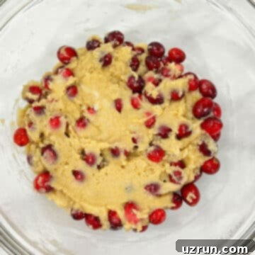 Naked Cranberry Pie 8 Fresh cranberries folded into batter in glass bowl.
