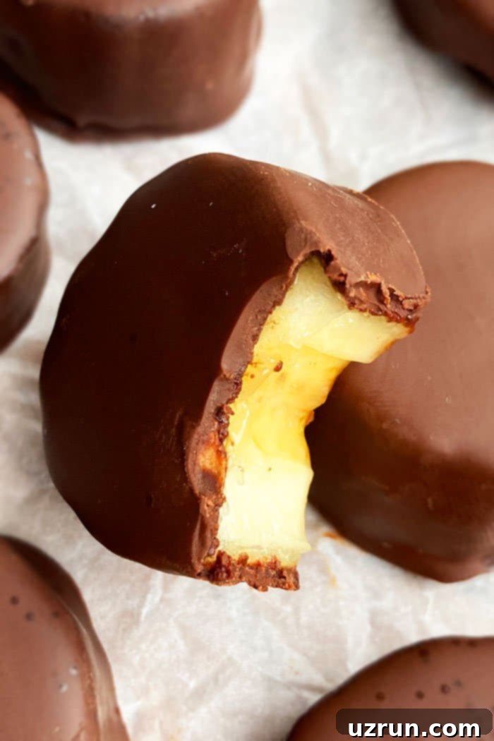 Chilled Chocolate Banana Delights 3 Chocolate Coated Bananas with Partial Bite Removed, showing creamy banana inside