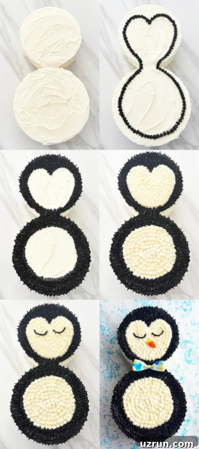 Effortless Penguin Cake with Silky Buttercream 3 Collage Image With Step by Step Pictures on How to Make Penguin Cake With Buttercream Icing