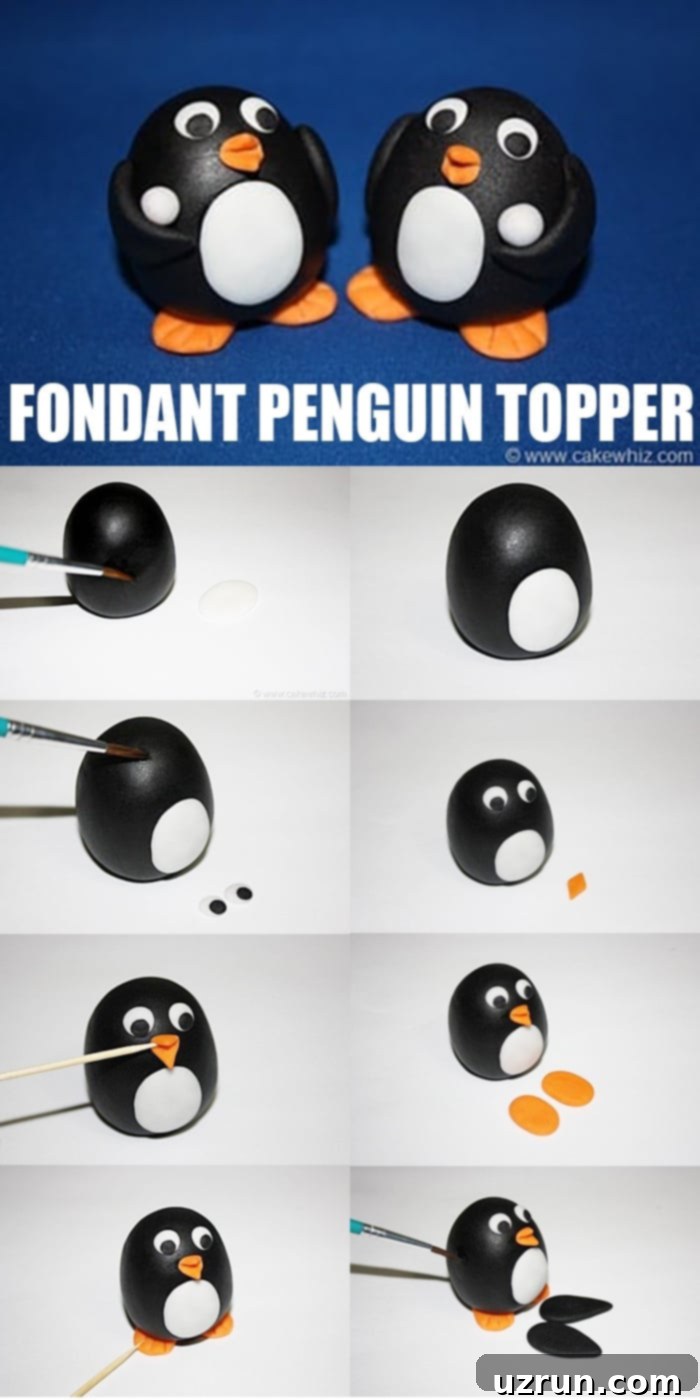 Effortless Penguin Cake with Silky Buttercream 7 Collage Image With Step by Step Pictures on How to Make Fondant Penguin Topper