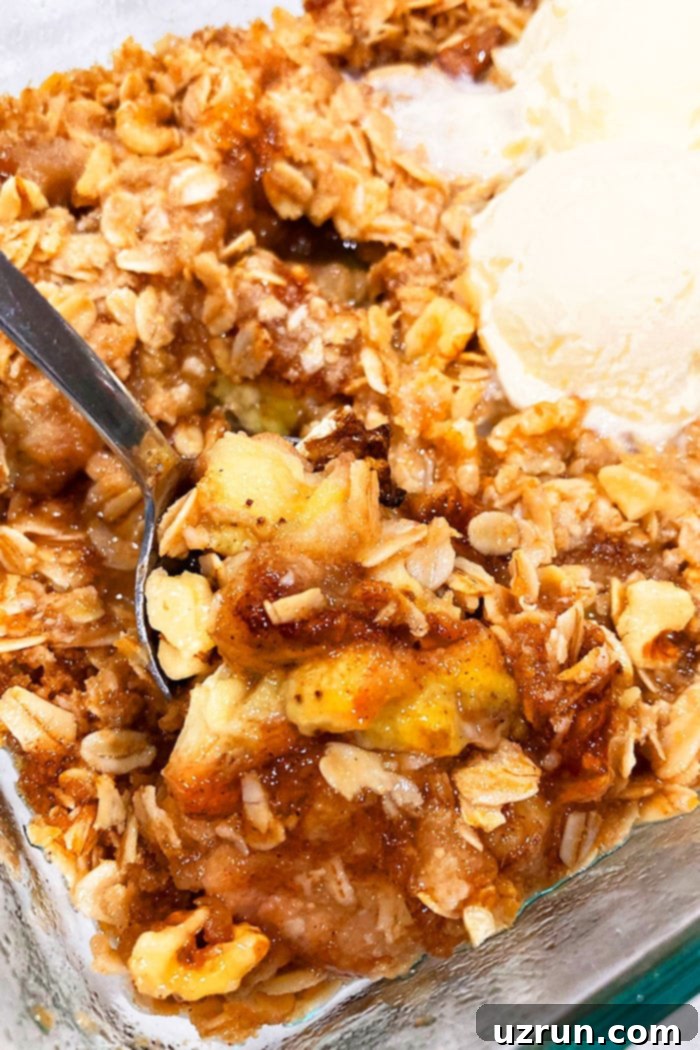 Closeup Shot of Classic Old Fashioned Banana Crumble Crisp in Glass Baking Dish