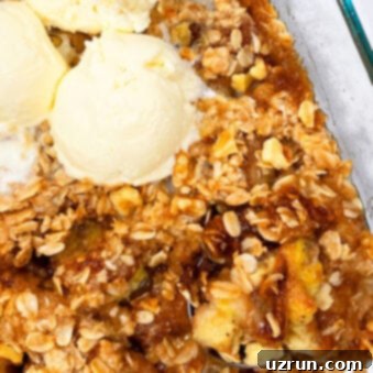 Effortless Banana Crumble 5 Easy Homemade Banana Crumble in Glass Dish with Scoops of Vanilla Ice Cream