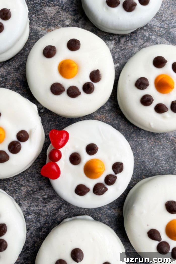 Festive Oreo Snowmen 3 Homemade Snowman Oreos on Rustic Gray Background