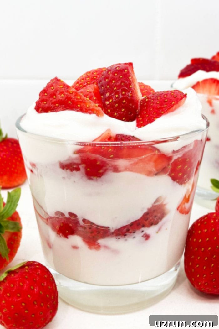 Easy Strawberries and Cream in Glass Cup With White Background, a perfect no-bake dessert