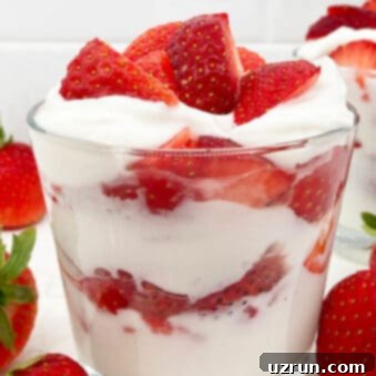 Creamy No-Bake Strawberry Treat 5 Easy Strawberries and Cream in Glass Cup With White Background