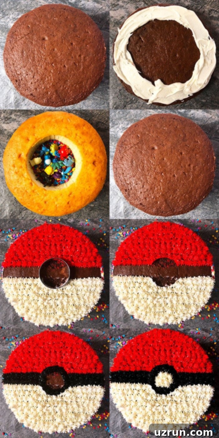 Quick and Easy Pokeball Cake 6 Collage Image With Step By Step Process Shots on How to Make Pokemon Cake (Pokeball Cake), showing various stages of baking and decorating.
