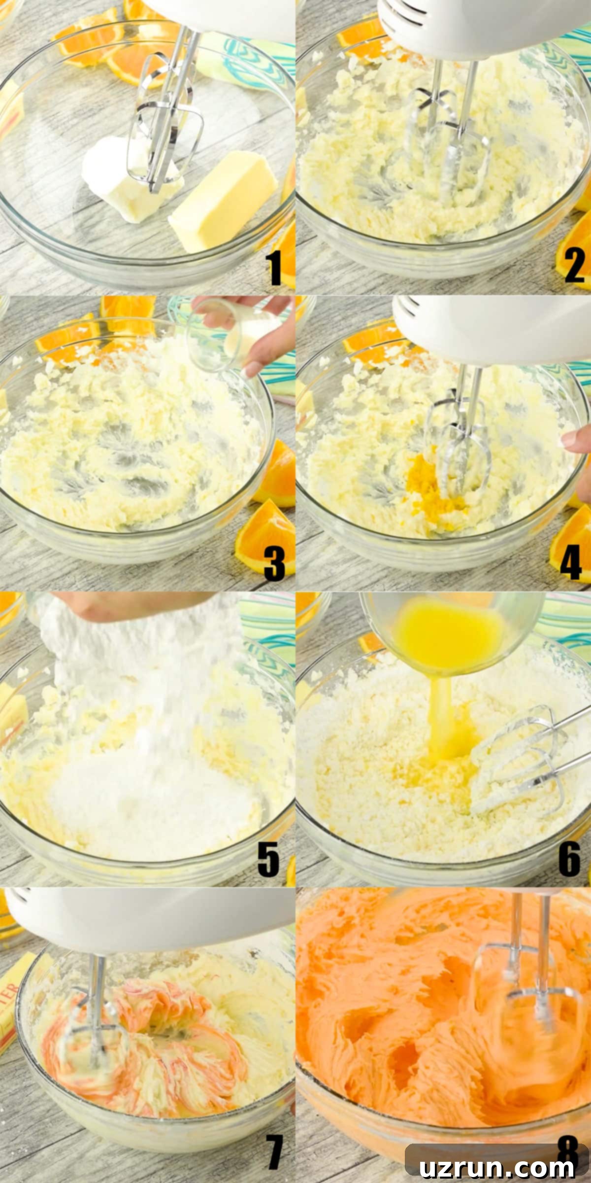 Easy Orange Buttercream Frosting 5 Collage Image With Step by Step Process Shots on How to Make Orange Buttercream Frosting.