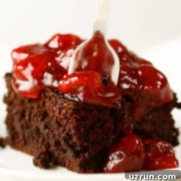 Dark Chocolate Cherry Fudge Brownies 11 Fork cutting into slice of brownie.