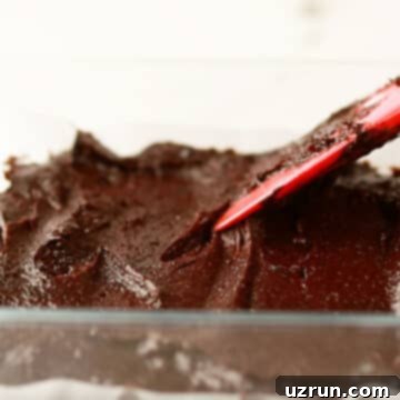Dark Chocolate Cherry Fudge Brownies 9 Brownie batter being spread in glass pan.